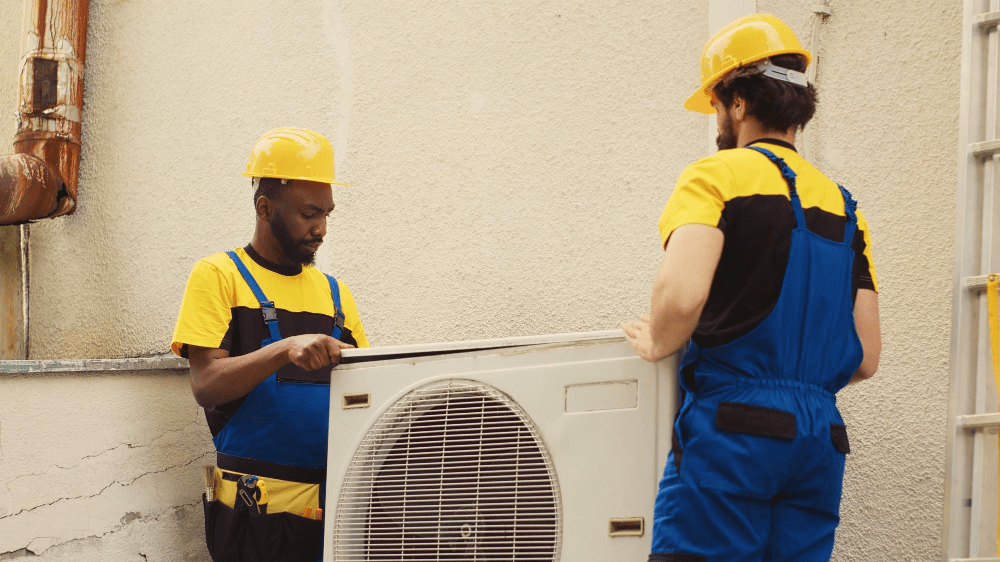 HVAC technicians inspecting an air conditioner